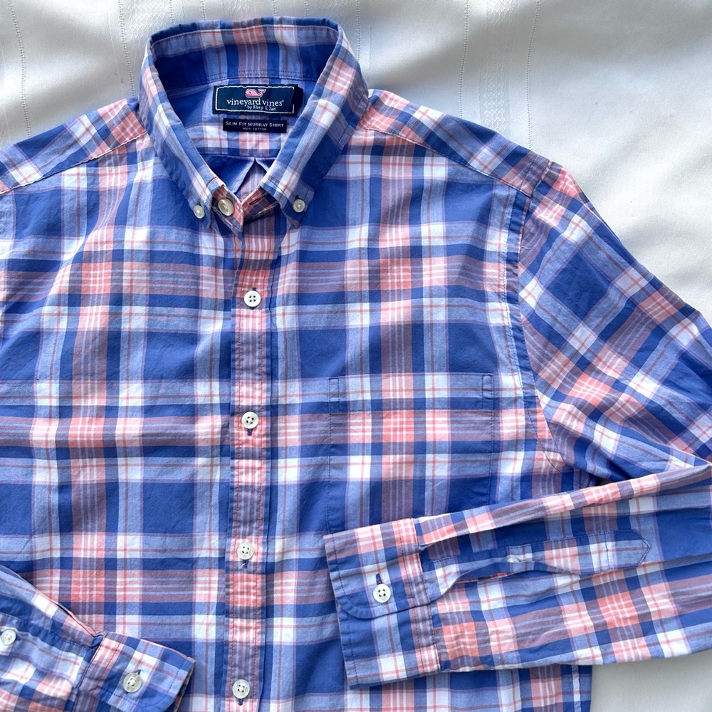 Vineyard Vines shirt button down plaid pastel blue pink men’s small slim Murray